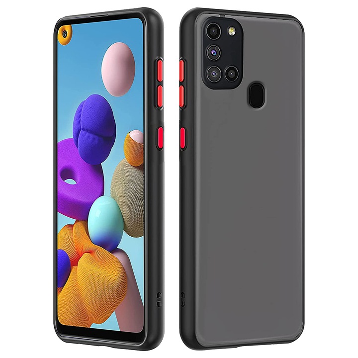 Защитен калъф съвместим със Samsung Galaxy A21s, Силиконов TPU, Ultra Protection, Slim Fit, Защита на камерата, Модерен опушен дизайн, Черен