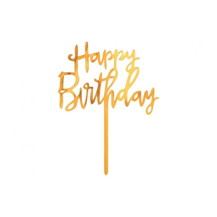 Топер за торта Happy birthday, Акрилен, Златист, 14x10 см