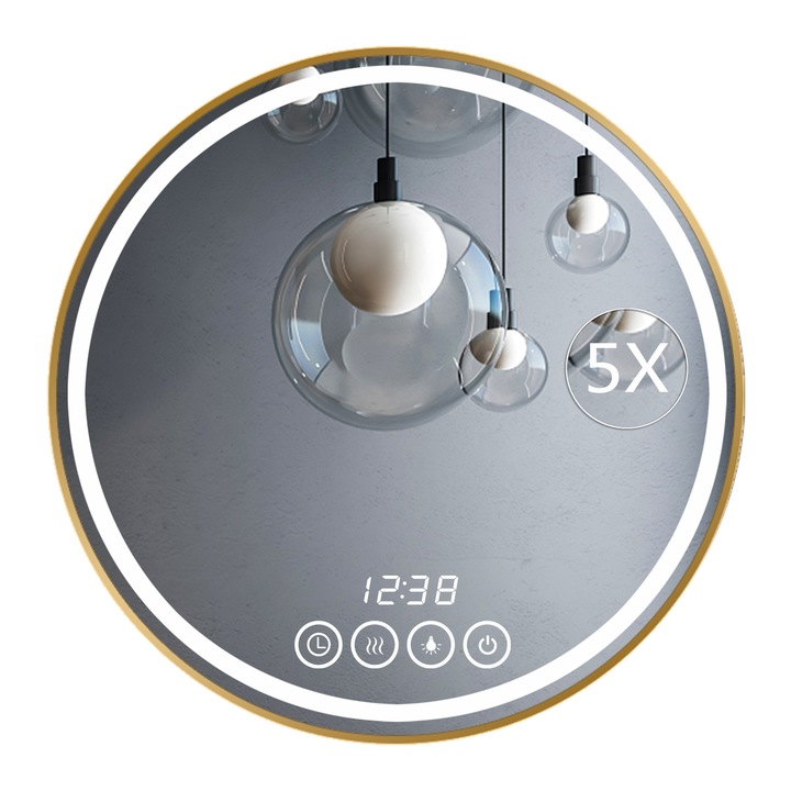 Oglinda baie, Aliaj de aluminiu, LED, 65cm, Auriu