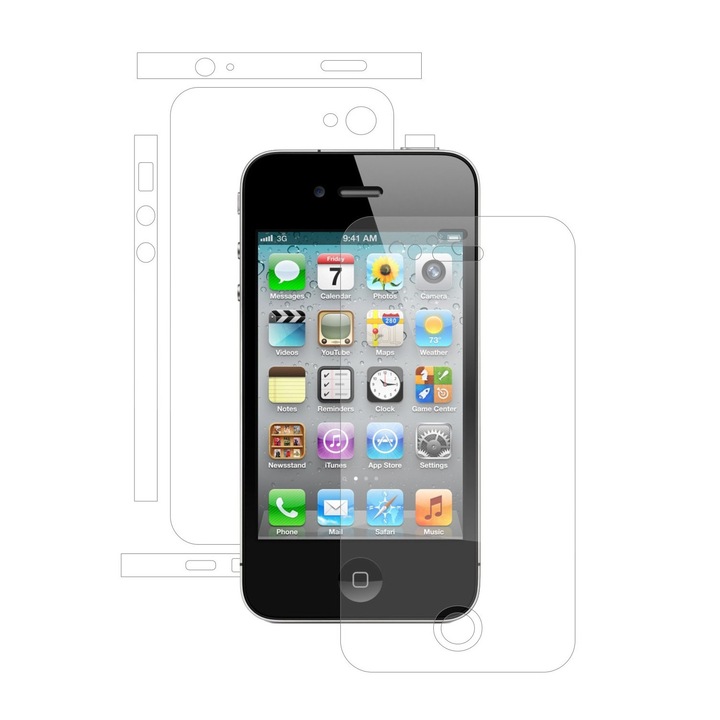 Folie Protectie Full Body Invisible Skinz Ultra-Clear HD, Husa Transparenta de tip Skin Adeziv pentru Carcasa si Ecran, dedicata Apple iPhone 4S