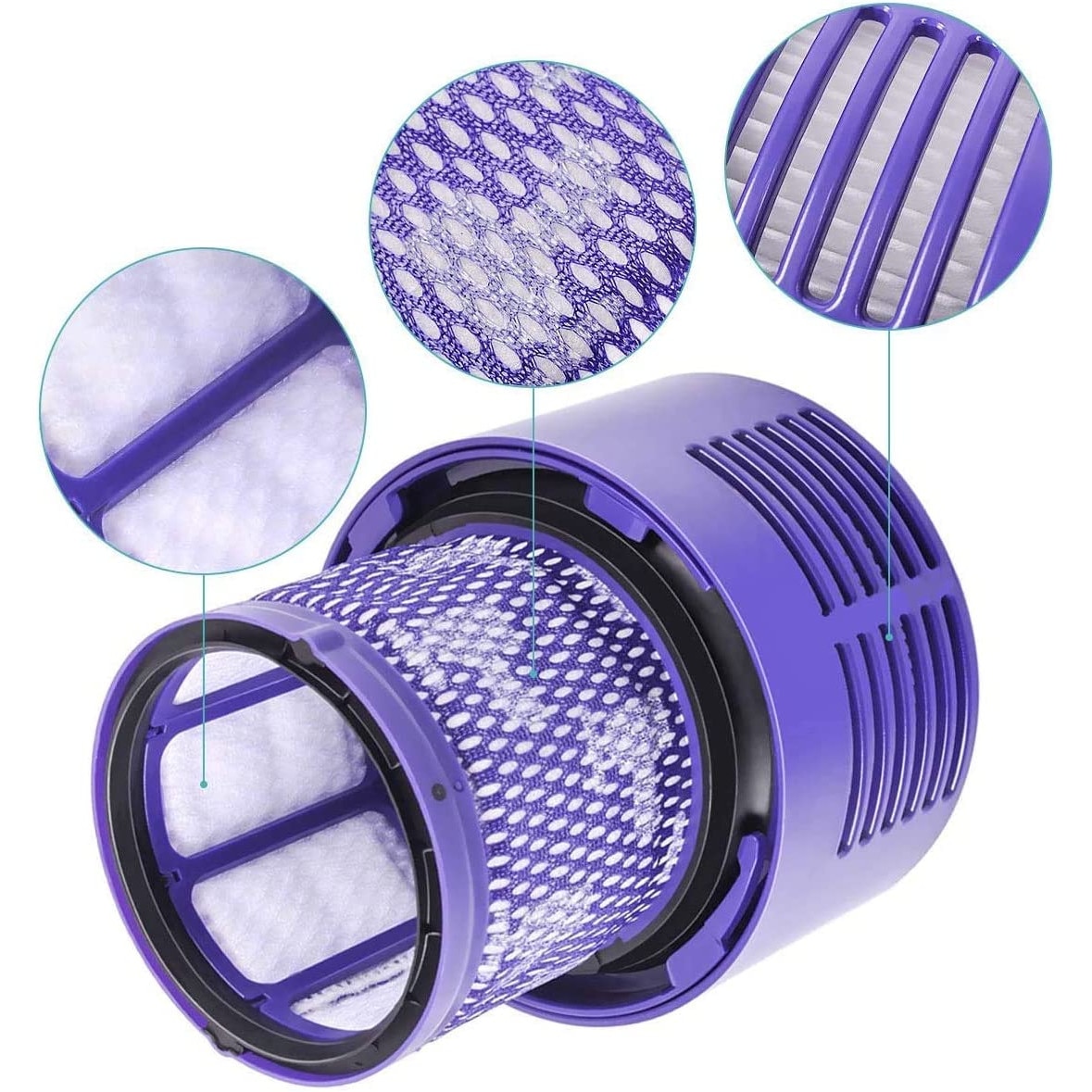Set 2 filtre lavabile aspirator, Vixen, Pentru Dyson V15 Detect Absolute,  Cu perie curatare, Mov 