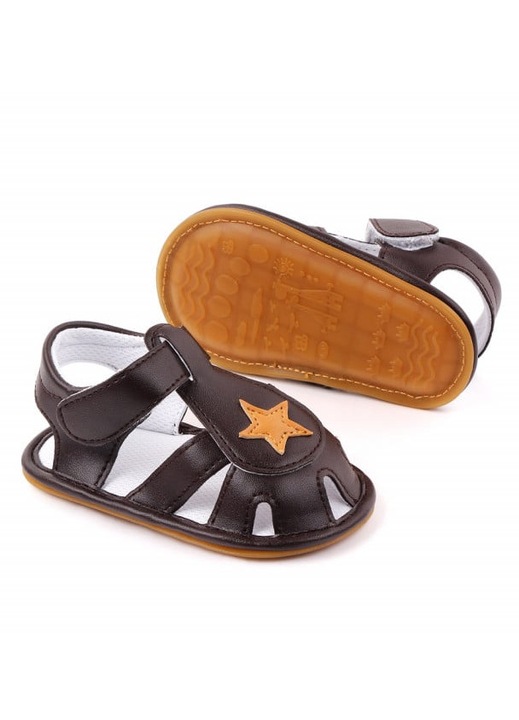 Sandale SuperBaby Cu Stea Galbena, Piele ecologica, Baieti, Maro