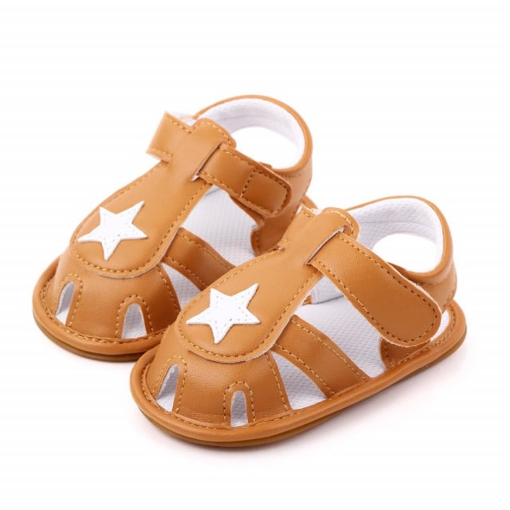 Sandale SuperBaby Cu Stea Alba, Casual, Piele ecologica, Baieti, Maro Deschis