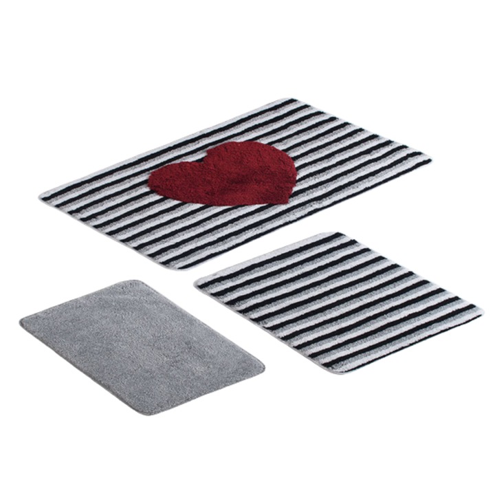 Комплект от 3 постелки за баня, Chilai Home, линия сърце, акрил