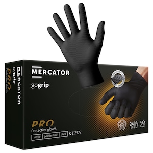 Set 50 bucati Manusi Mercator GoGrip, Nitril, groase si rezistente, textura diamant, protectie la substante chimice, negru, marimea M