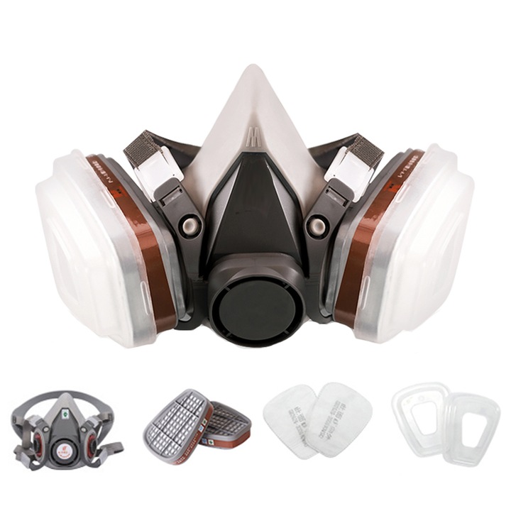 Set masca reutilizabila, pentru protectie respiratorie, Include 2 filtre cu particule anti-gaz, vapori de vopsea si noxe, 2 filtre din bumbac