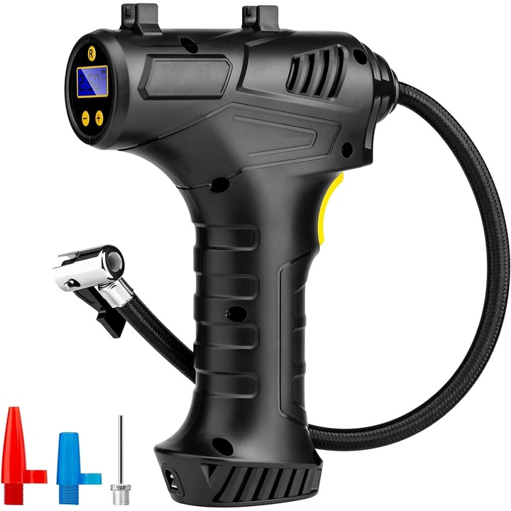 Pompa Aer tip Compresor Auto Pistol cu Acumulator, KOTYS®, Maxim 10 BAR / 150 PSI, Display Digital cu LED Programabil si Lampa de Lucru, Oprire Automata, Umflare Rapida, Negru