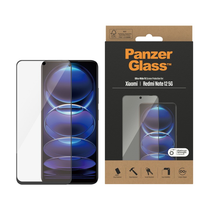 Стъклен протектор PanzerGlass за Xiaomi Redmi Note 12 5G, 4G, Poco X5, UWF, Черен
