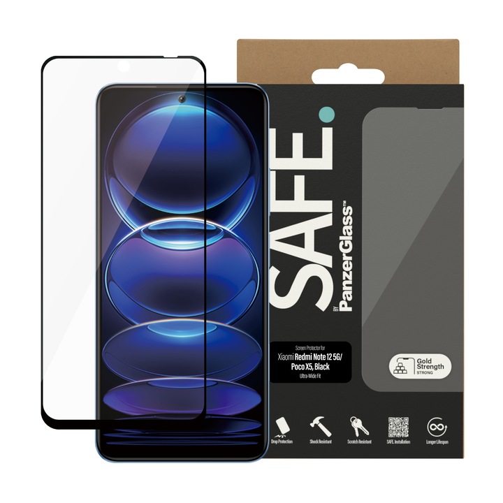 Стъклен протектор Safe за Xiaomi Redmi Note 12 5G, 4G, Poco X5, UWF, Черен