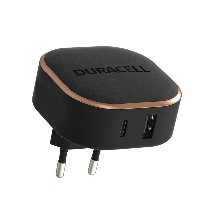 Incarcator Duracell, 30W, 1 x USB-A + 1 x USB-C PPS, PPS Quick Charging Technology, Negru