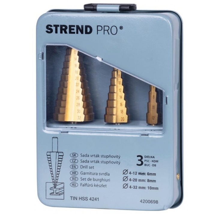 Set 3 burghie in trepte Strend Pro Premium, dimensiuni 4-12, 4-20, 4-32 mm, TiN, HSS 4241