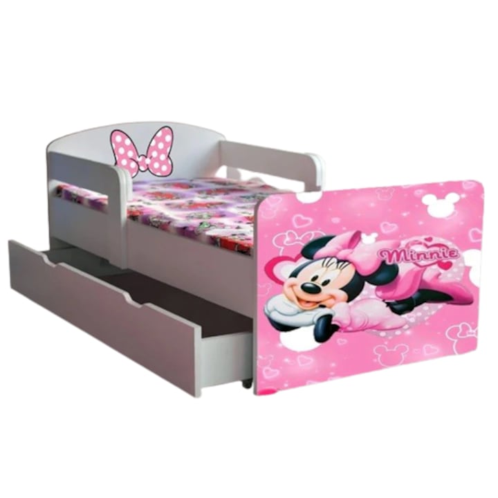 Pat pentru copii Minnie Mouse cu sertar, 144x76 cm, saltea inclusa