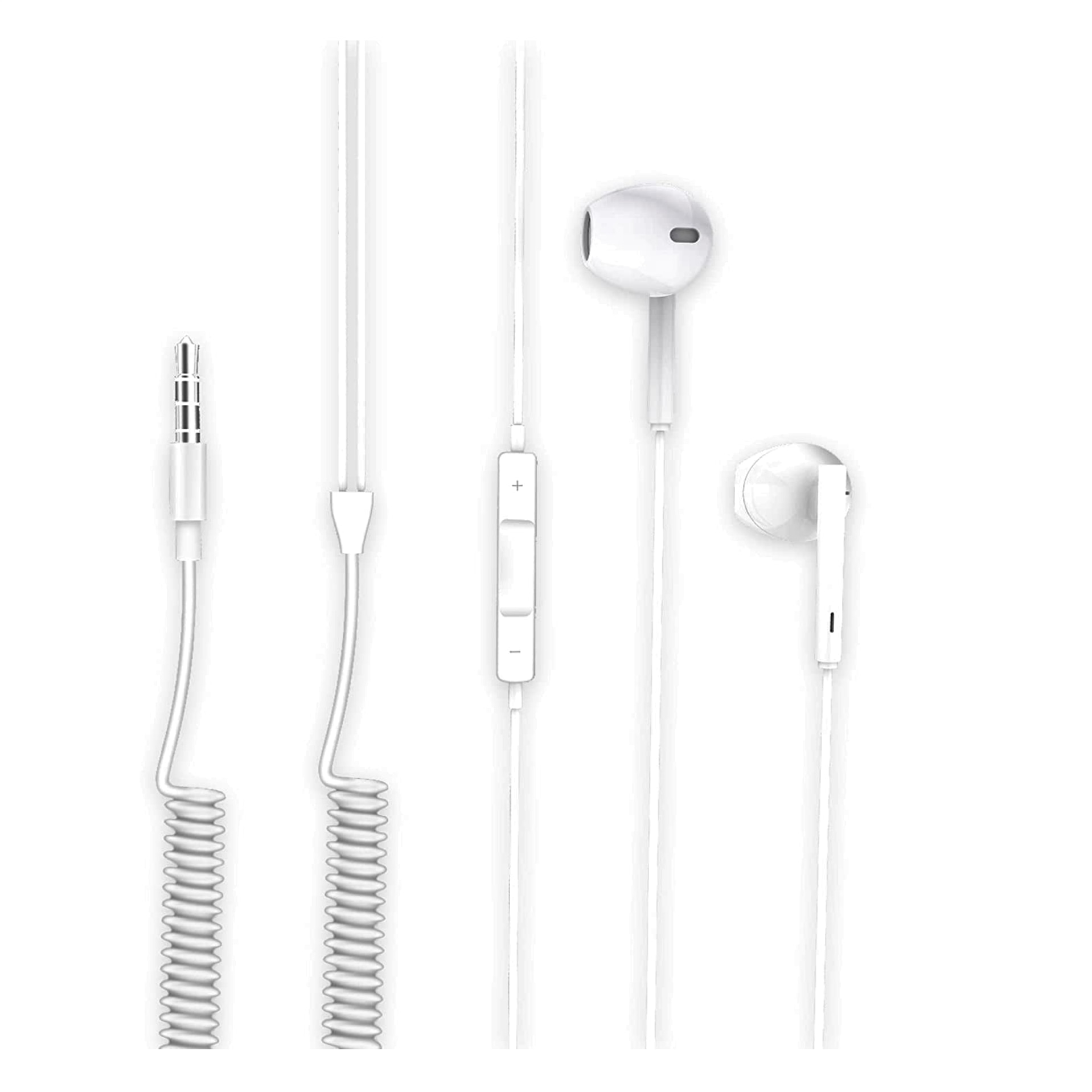 Casti in-ear cu volum control si microfon, fir spiralat de 1.8m, conector jack 3.5mm si HI-FI Sound, White