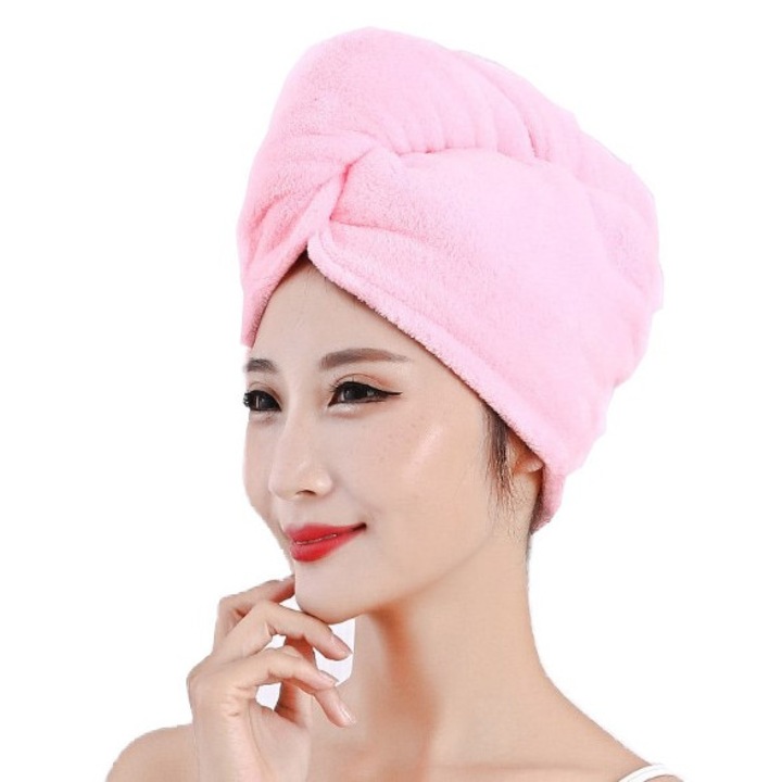 Set 2 bucati Turban, prosop absorbant din Microfibra pentru uscarea parului, doua straturi, 26/60 cm, Roz