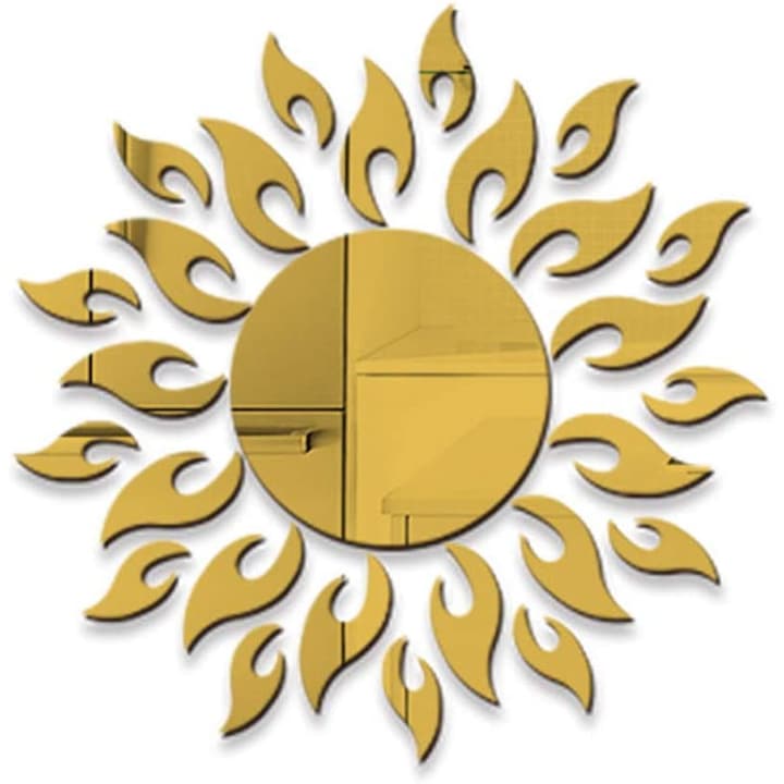 Комплект от 27 PVC акрилни огледала, Nierbo®, Слънце с 26 лъча, Самозалепващи се за декорация на стена, 50 x 50 см, златни