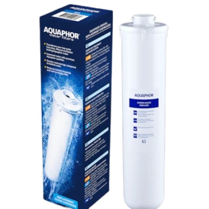 Cartus Aquaphor K3 carbon block, cu argint in forma ionica, pentru filtrele Crystal, filtrare 5 microni, alb