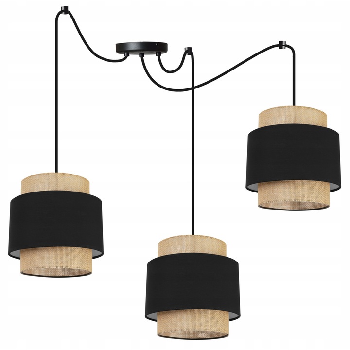 Lustra spider, Light Home, Boho, 3 puncte de lumina, E27, 230V, 60W, 200cm, Clasa A, LED, Tesatura/Metal, Negru/Bej