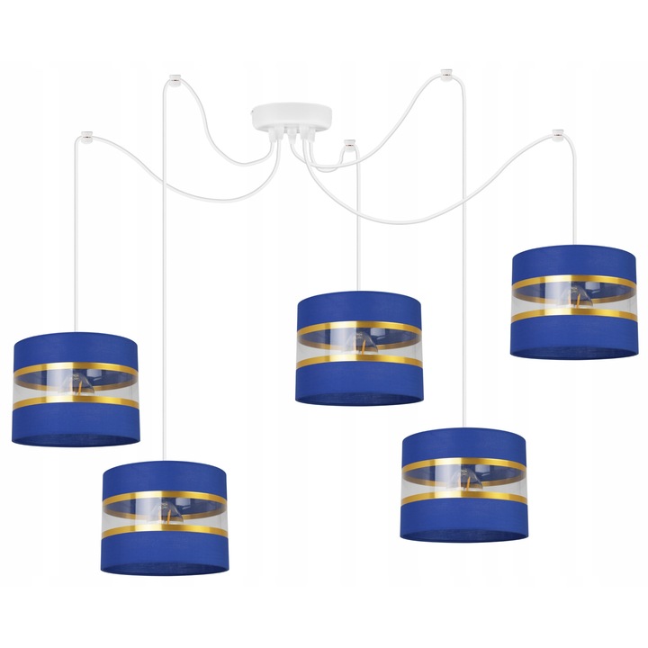 Lustra stil spider, LightHome, Spider Elegance Gold 2030/5B/gran, 5 brate reglabile, Tesatura, Alb/Auriu/Albastru, 200cm
