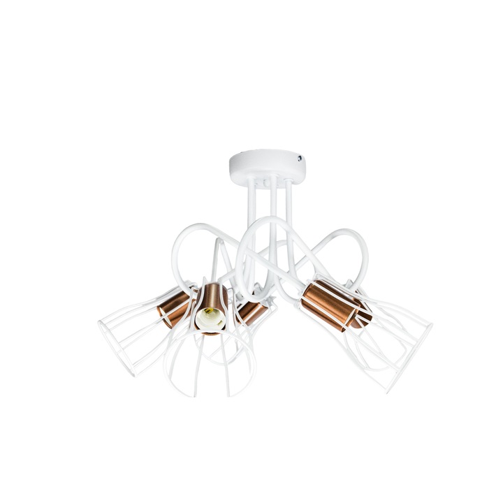 Бял плафон с телени абажури и медни елементи 5x60W