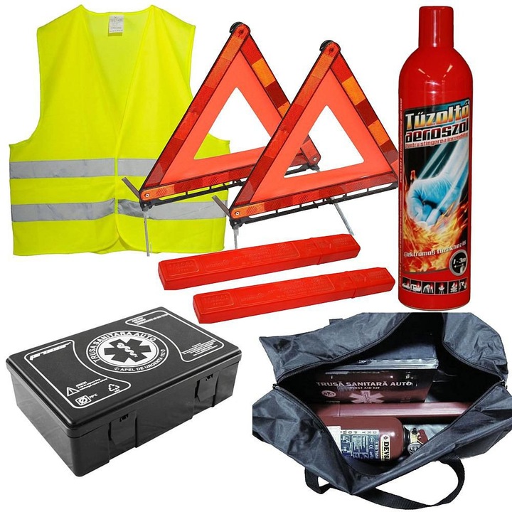 Пълен пакет за пътна безопасност на автомобила - медицински комплект, 2 триъгълника, пожарогасител, жилетка + ПОДАРЪК чанта за съхранение