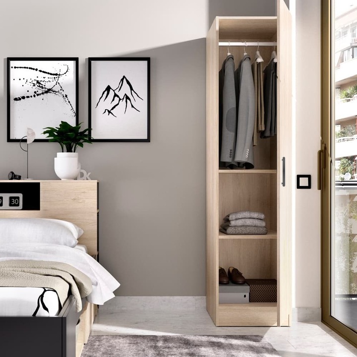 Dulap Et2, Stejar Sonoma, H 200 x L 45 x A 50 cm, cu 1 usa, 2 polite si bara de haine, PAL de 18 mm