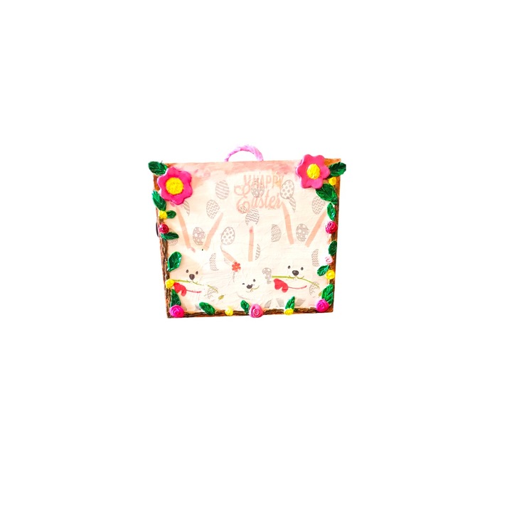 Decoratiune interior, decoratiune suspendata de Paste cu aplicatii de lut modelaj, 16x19 cm, multicolor