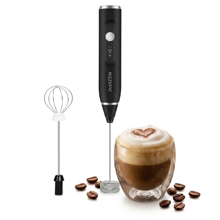Mixer spumator de lapte 2 in 1 JustZEN™, acumulator reincarcabil USB, cu 2 capete, 3 trepte de viteza, pentru capucino, machiato, ness cafe, ciocolata calda, super portabil, negru