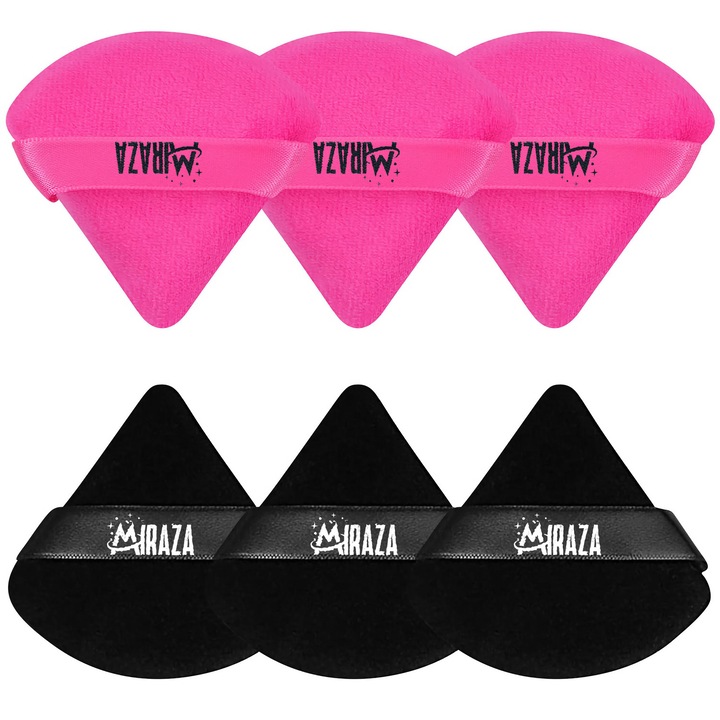 Set 6 Bureti de Machiaj Triunghi Miraza, Reutilizabili, Utilizare Umeda sau Uscata, Powder Puff, Cutie Depozitare Inclusa, Negru/Roz