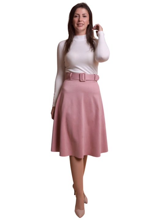 Fusta clos roz pudrat cu centura in talie, Roz, One Size