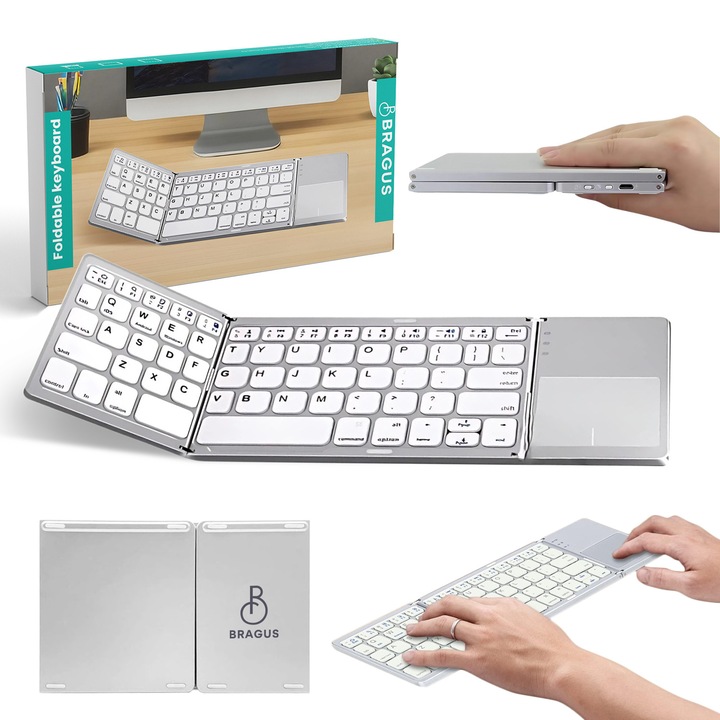 Сгъваема клавиатура BRAGUS, Вграден тъчпад с 2 кликвания, Безжична, Съвместима с Android, iOS, Smart TV, Сребрист