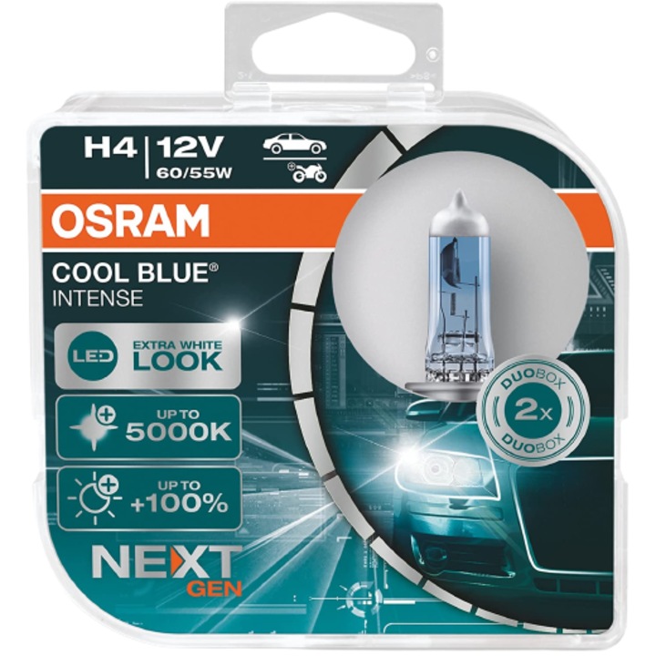 Комплект от 2 автомобилни крушки OSRAM, H4, 12V, 60/55 W, конектор P43t, за фарове, дълги светлини, студено синьо наситено