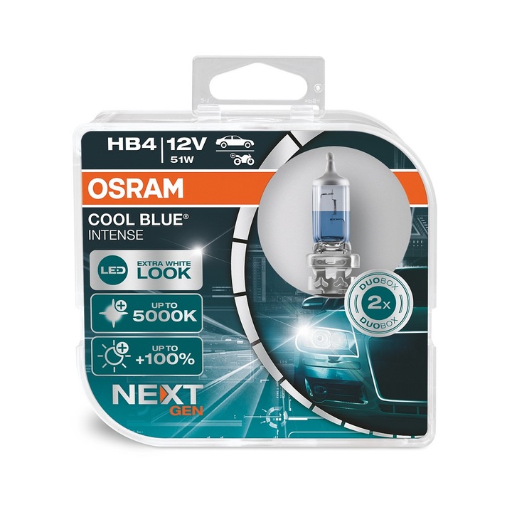 Комплект халогенни крушки за автомобил Osram Cool Blue Intense NEXT GENERATION HB4,9006CBN-HCB, 51W, 12V, P22D,2бр