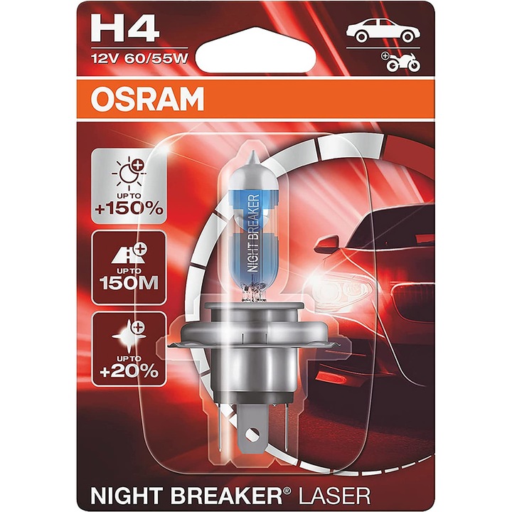 Bec Auto OSRAM, Blister, 12V, H4, 60/55 W, Conector P43t, +150%, Pentru Far, Faza Lunga, Night Breaker Laser