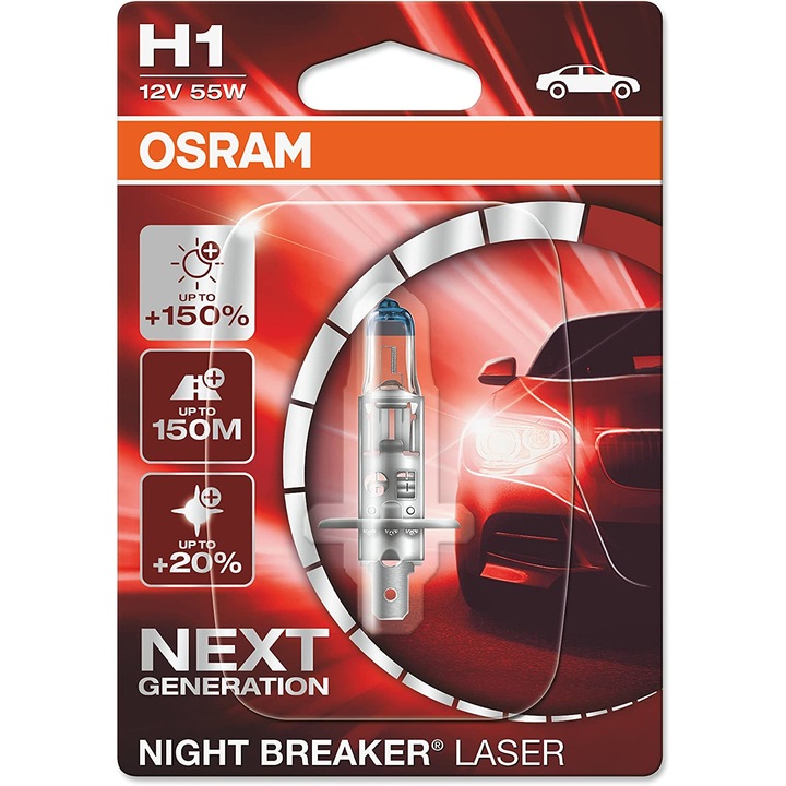 Bec Auto OSRAM, Blister, 12V, H1, 55 W, Conector P14,5s, +150%, Pentru Far, Faza Lunga, NIght Breaker Laser