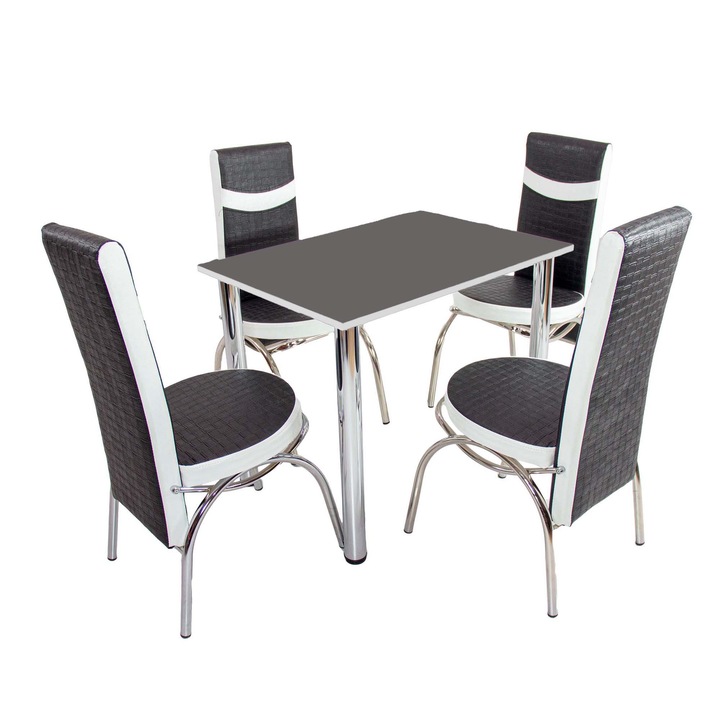 Set masa cu 4 scaune Venetia negru/alb, DENVER, blat pal negru, cant abs alb, forma dreptunghiulara, 90x64x73 cm