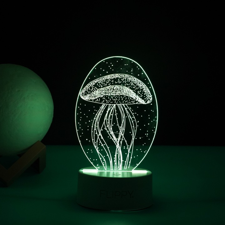 Lampa LED decorativa, Flippy, 3D, Meduza, din material acril si lumina multicolora, alb