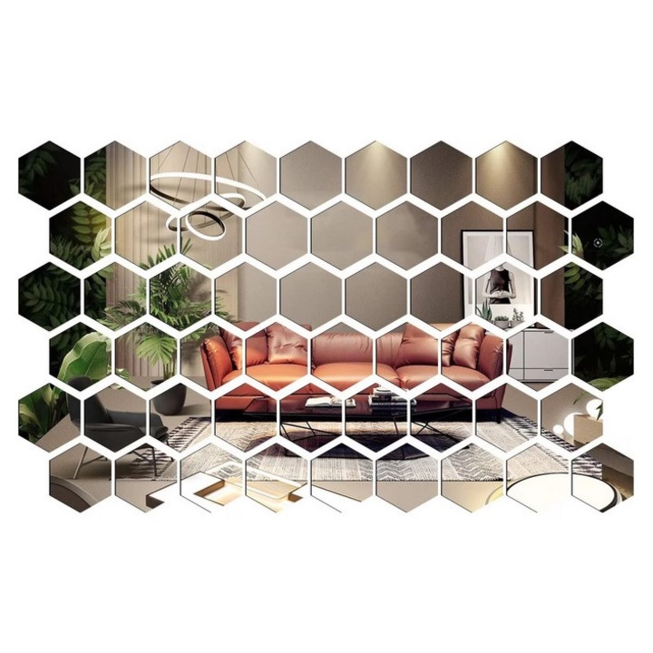 Комплект от 64 декоративни огледала DAVIDAMI CONCEPT, самозалепващи се акрилни, модел Hexagon, размер 18,5 cm x 16 cm x 9,3 cm
