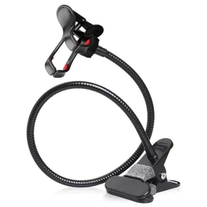 DAVIDAMI CONCEPT® Rugalmas, 360°-ban forgatható fém telefonállvány hosszú karral és asztali kapcsokkal, fekete színű