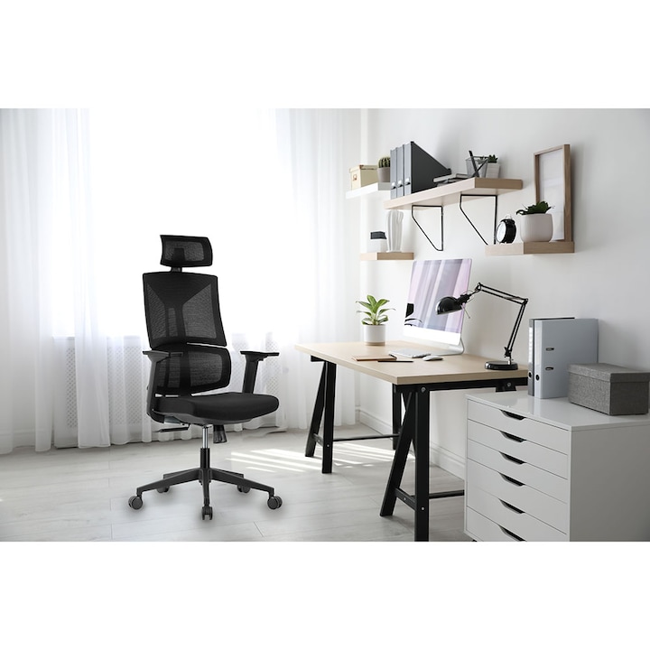 Scaun birou ergonomic Kring Ergo, mesh, 4 puncte de sprijin, tetiera 2D, suport lombar, brate reglabile 3D, role PU, Negru