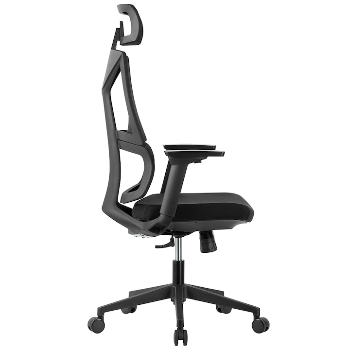 Scaun birou ergonomic Kring Ergo, mesh, 4 puncte de sprijin, tetiera 2D, suport lombar, brate reglabile 3D, role PU, Negru