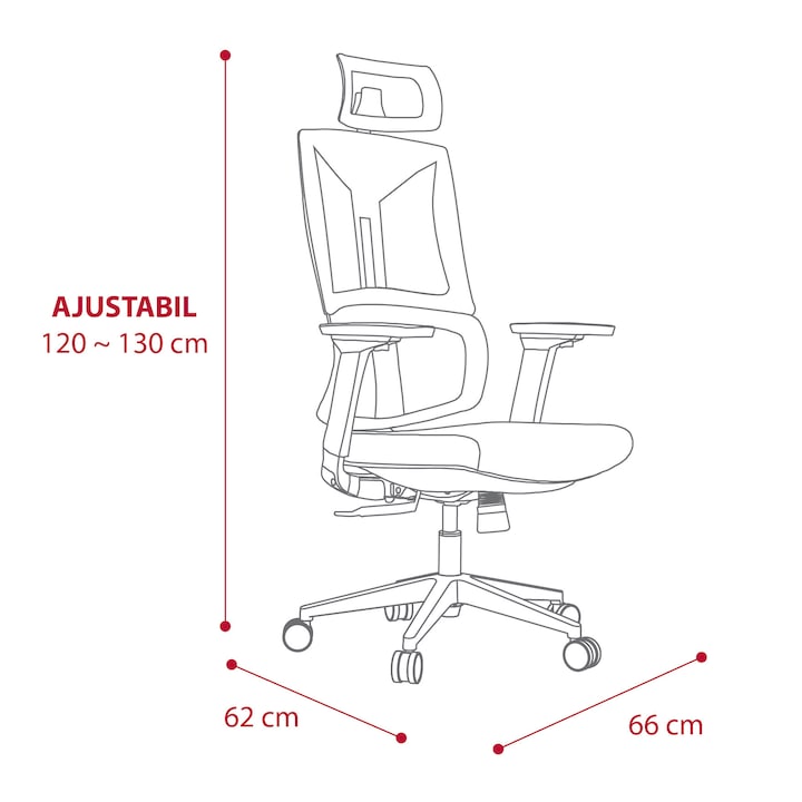 Scaun birou ergonomic Kring Ergo, mesh, 4 puncte de sprijin, tetiera 2D, suport lombar, brate reglabile 3D, role PU, Negru
