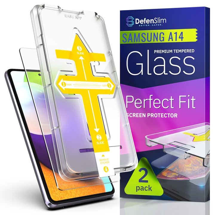 Комплект от 2 фолиа за стъкло, съвместими със Samsung Galaxy A14, DefenSlim, лесна и бърза инсталация с автоматично устройство за монтиране за 30 секунди с патентован Easy Install Kit, защита на телефона