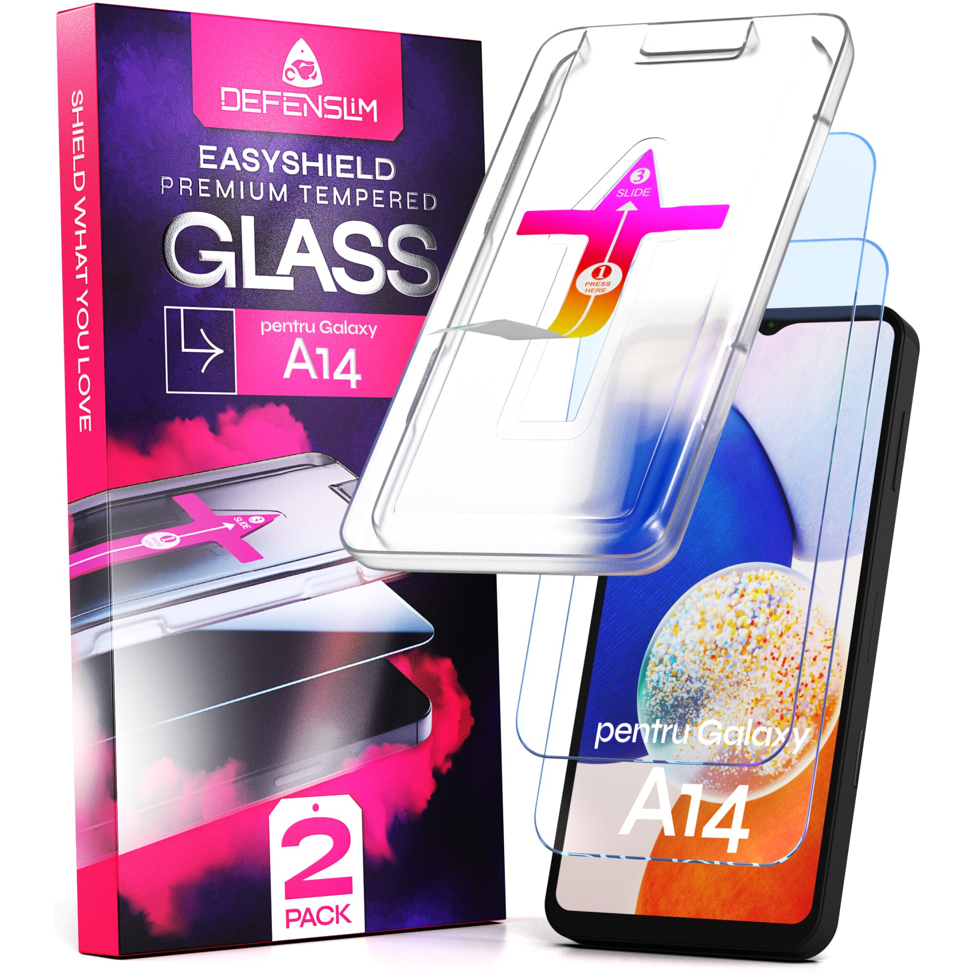Set 2 Folii sticla compatibil cu Samsung Galaxy A14, DefenSlim, instalare usoara si rapida cu dispozitiv de potrivire automata in 30 sec cu Easy Install Kit patentat, protectie telefon