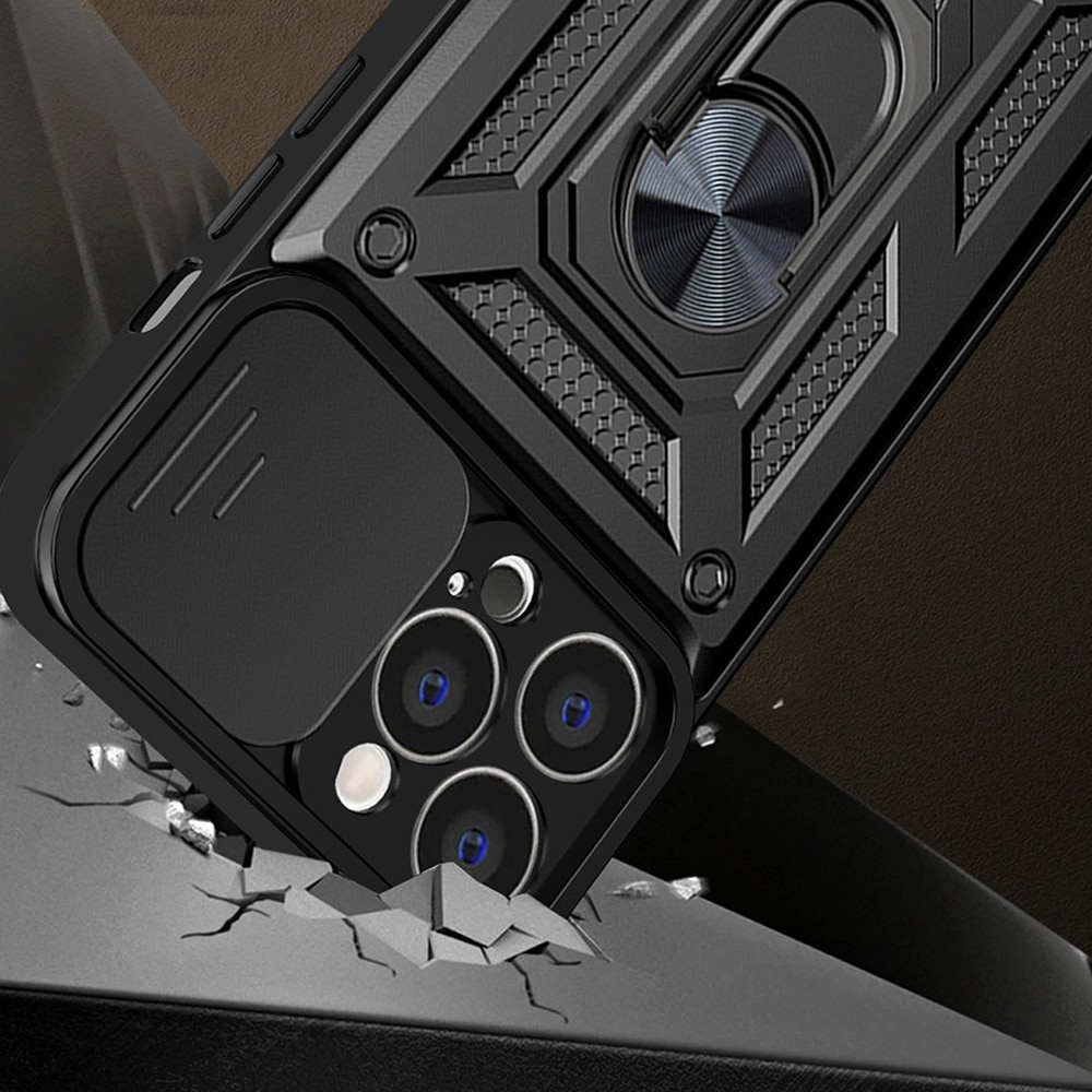 Husa telefon compatibila cu iPhone 14 Pro Max, protectie camera Slide and Snap Soft Premium, Magnetic Ring Holder, PopGrip, Anti-Shock, Rugged Protection, Negru