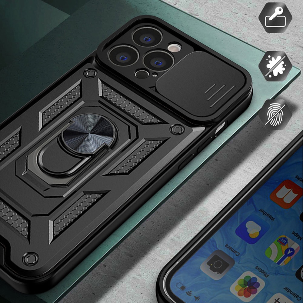 Husa telefon compatibila cu iPhone 14 Pro Max, protectie camera Slide and Snap Soft Premium, Magnetic Ring Holder, PopGrip, Anti-Shock, Rugged Protection, Negru