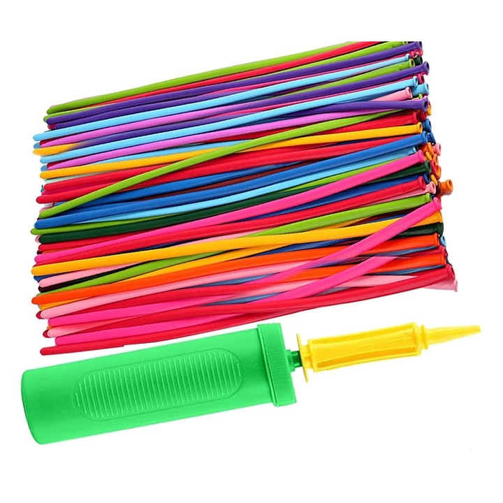 Set 100 baloane de modelaj multicolore, 152x5cm plus pompa manuala profesionala cu dublu sens