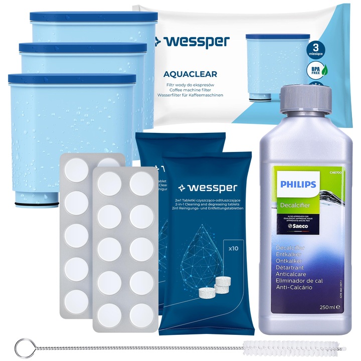 Kit intretinere aparat cafea Philips Latte Go, Wessper, 3 filtre apa, Perie curatat, Tablete curatat, Decalcificator
