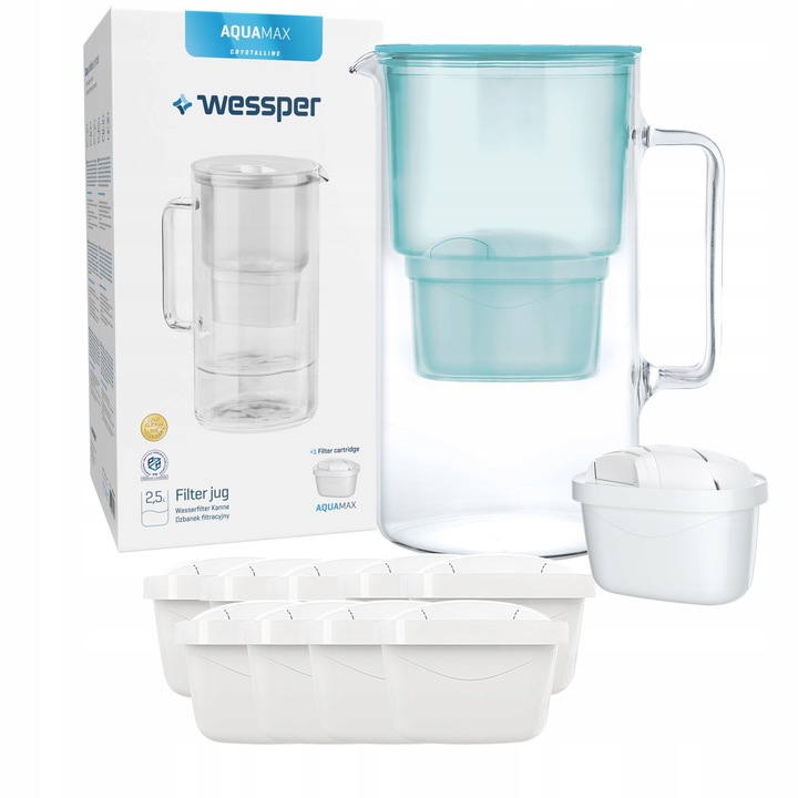 Филтърна чаша и 10 филтъра Wessper, AquaMax, 2,5 л, стъкло, ментово зелено/прозрачно