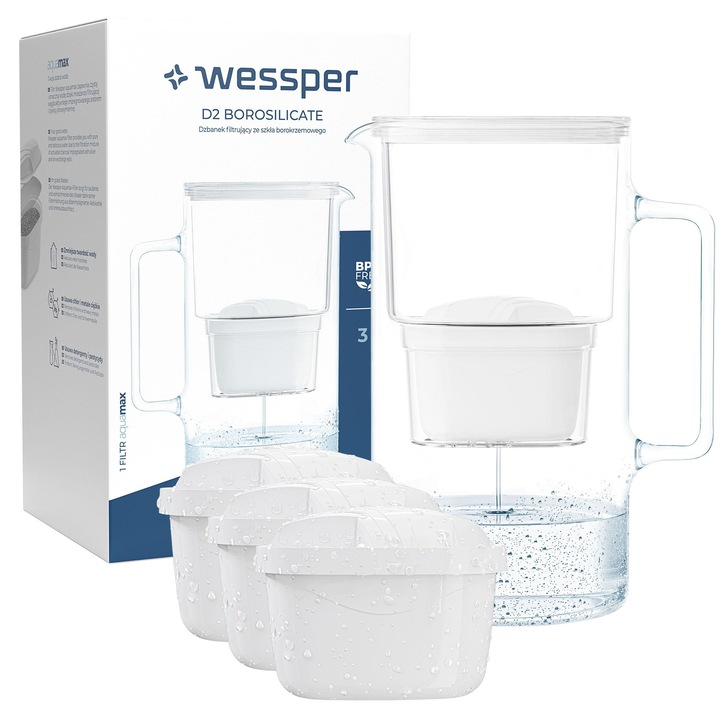 Cana filtranta si 4 filtre Wessper, AquaMax, 2.5L, Sticla, Alb/Transparent