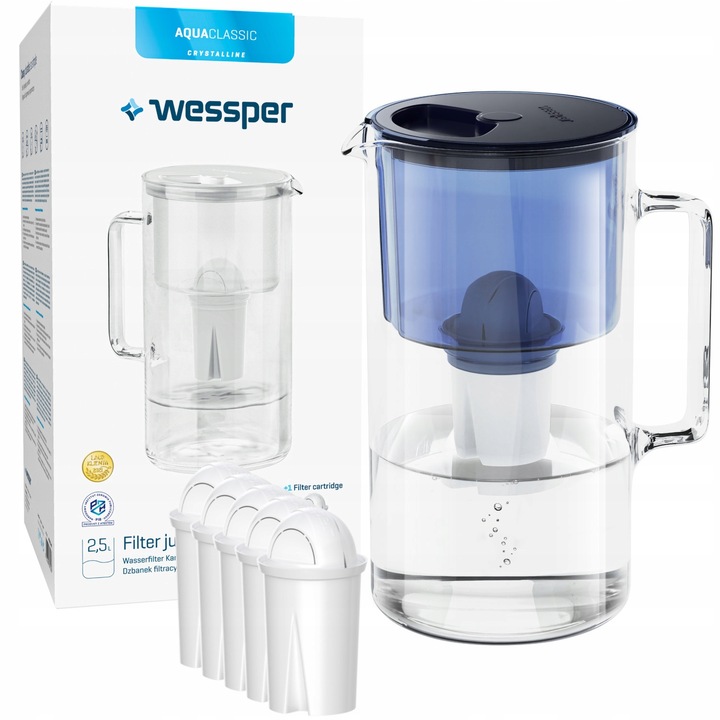 Cana filtranta si 6 filtre Wessper, AquaClassic, 2.5L, Sticla, Albastru/Transparent